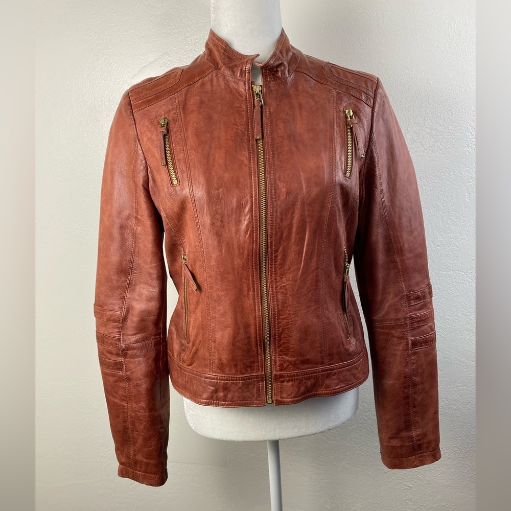 Genuine Leather Rustic Brown Black Rivet Full Zip Bomber Moto Jacket size Medium